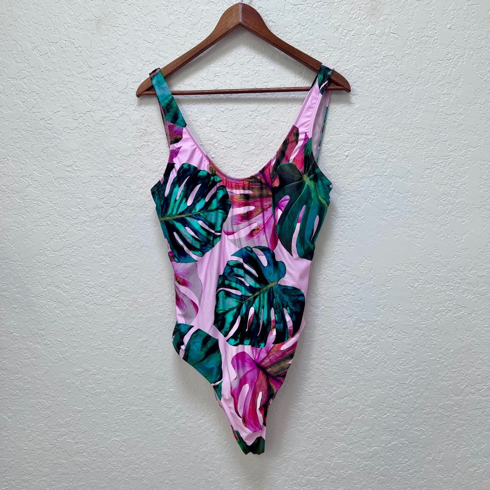Decree Pink Tropical Monstera Leaf Strappy Back‎ One Piece Swimsuit Beach XXL